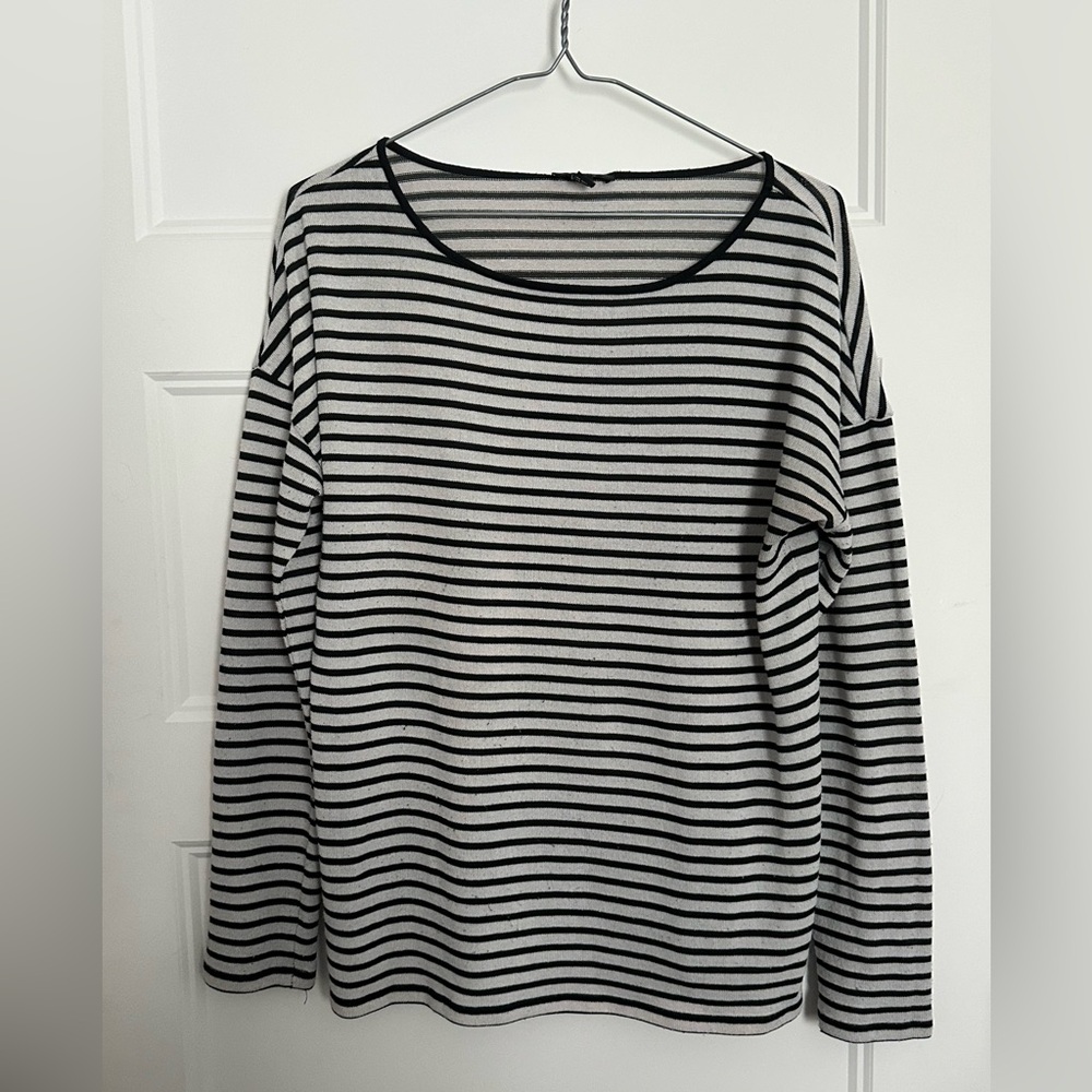 White and Black Long Sleeve Crew Neck Relaxed T-Shirt
